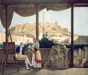 Der französische Konsul, Monsieur Fauvel, auf der Terrasse seines Hauses in Athen, graviert von den Thierry-Brüdern, 1825